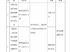 大地保险黑河中心支公司被罚5万元：因给予投保人、被保险人保险合同约定以外的利益