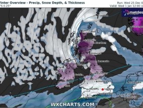 英国气象地图显示，元旦当天大雪将袭击英国